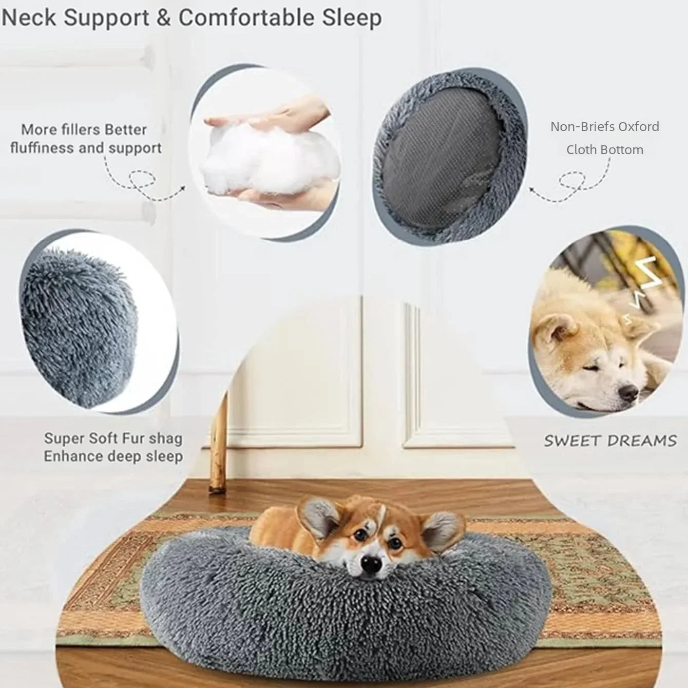 Lit Rond Pour Animaux De Compagnie, 40 À 90Cm, 6 Tailles, Pour Grand Chien, Lit Super Doux Pour Chat, Maison En Peluche Pour Chien Moyen, Couchage Chaud D'Hiver