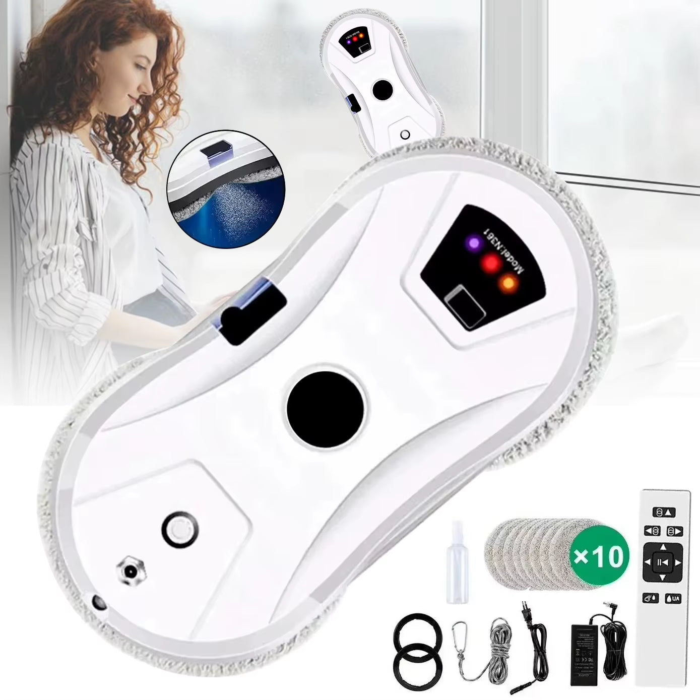 Robot De Nettoyage De Vitres Robot De Nettoyage Par Pulvérisation Automatique 5600Pa Télécommande De Navigation Intelligente Envoie 10 Pièces De Tissu